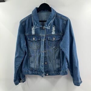 Brandless Large Medium Wash Distressed Denim Jacket